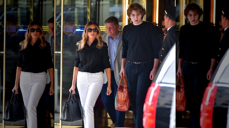 Barron and Melania Trump leaving building