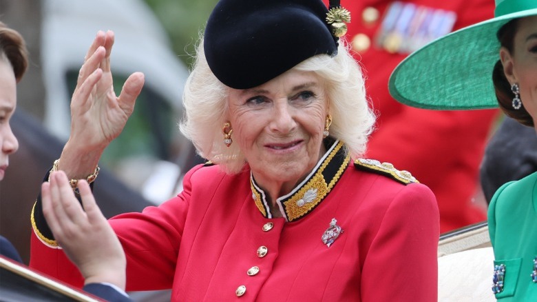 Queen Camilla smiles in thr Trooping the Colour parade