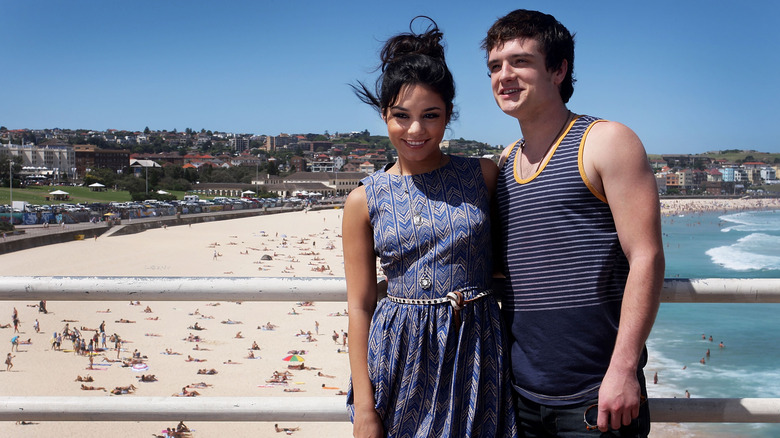 Vanessa Hudgens and Josh Hutcherson posing together at the "Journey 2: The Mystery Island" at Bondi Beach in 2012