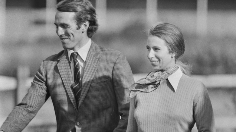 Young Princess Anne and Mark Phillips smiling 