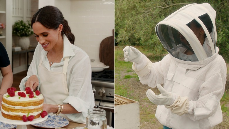 Meghan Markle in the kitchen with a cake & Meghan Markle in a beekeeping suit on "With Love, Meghan"