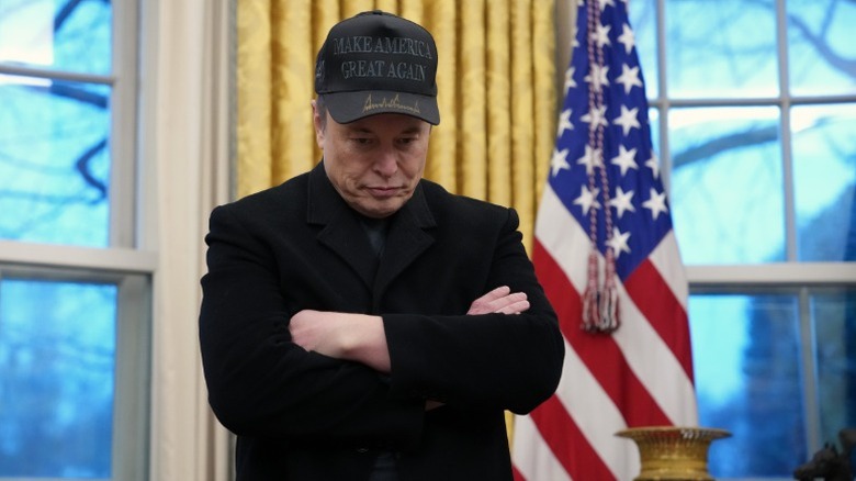 Elon Musk with his head pointing down while at the White House (2025)