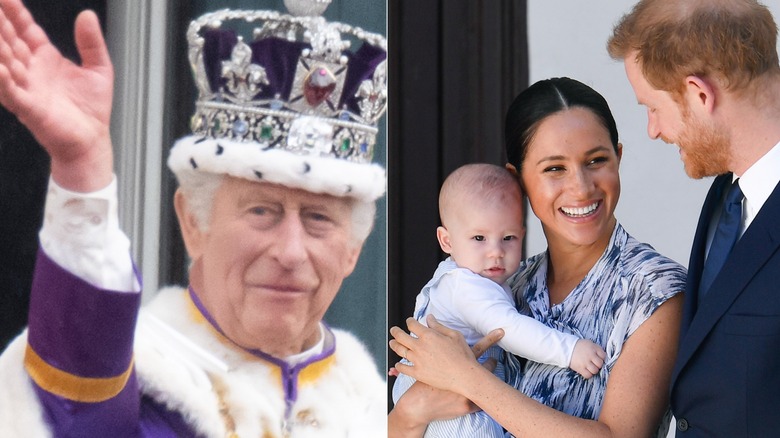 King Charles waves while Meghan and Harry smile