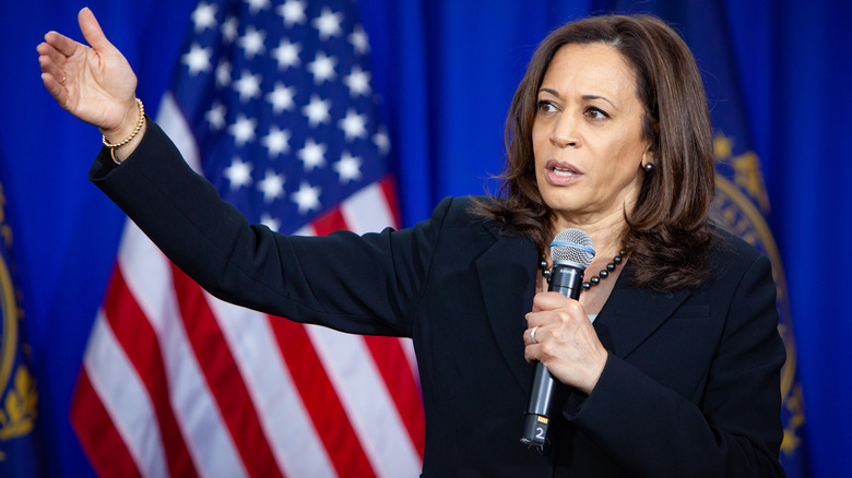 Kamala Harris speaking to a crowd in 2020