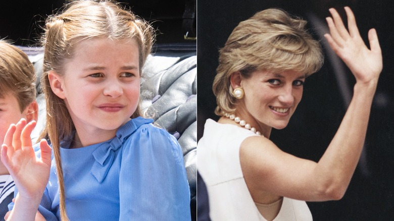 Split image of Princess Charlotte & Princess Diana waving