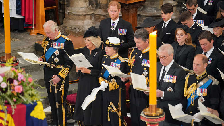 Members of the royal family assembled during the queen's funeral service