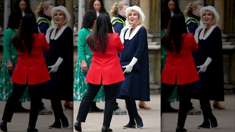 Joanna Lumley talking outside at the coronation