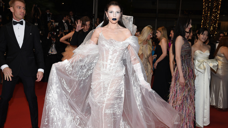 Julia Fox in white plastic dress at Cannes