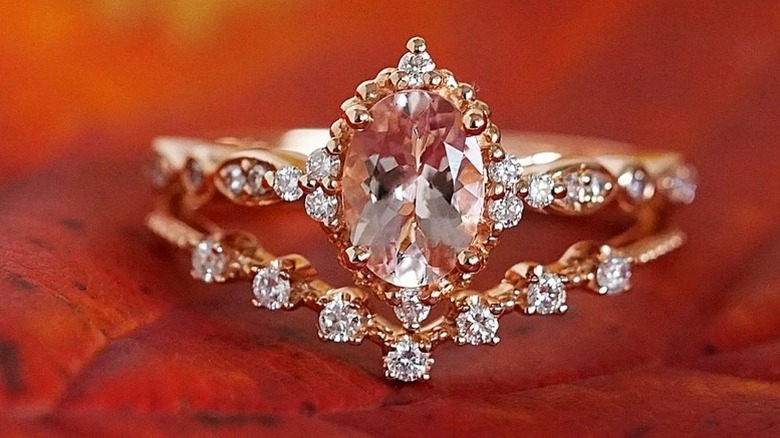 Morganite ring on red background