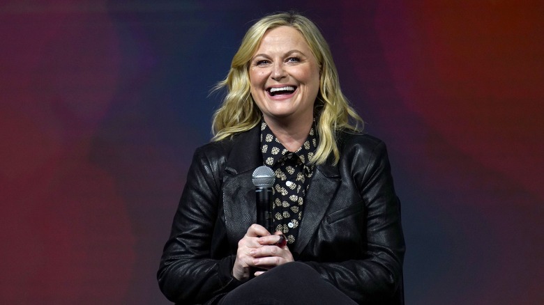 Amy Poehler smiling with mic