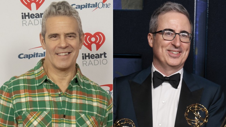 Split image of Andy Cohen and John Oliver smiling in close-up