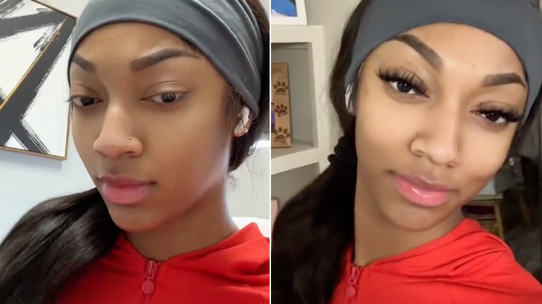 side-by-side of Angel Reese with and without lashes