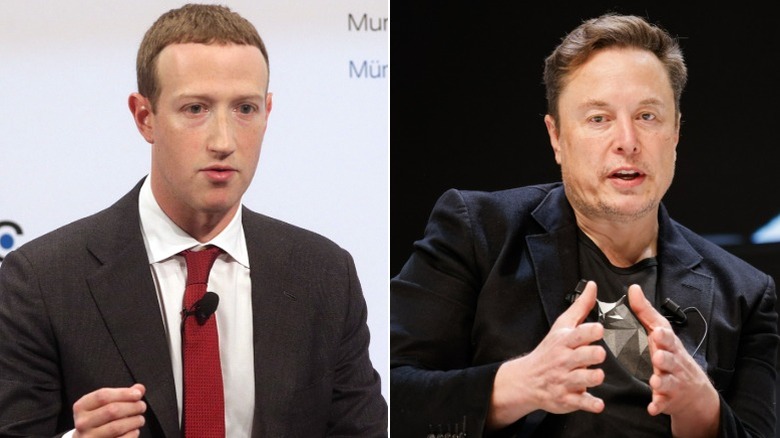 A split image of Elon Musk and Mark Zuckerberg talking