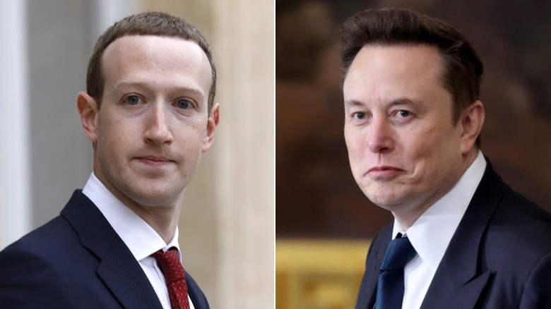 A split image of Elon Musk and Mark Zuckerberg