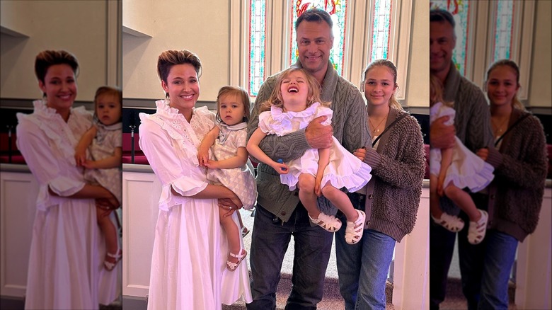 Jill Wagner posing with her husband and children on Easter