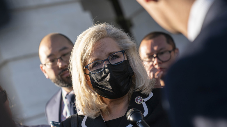 Cheney in a mask speaking with reporters 