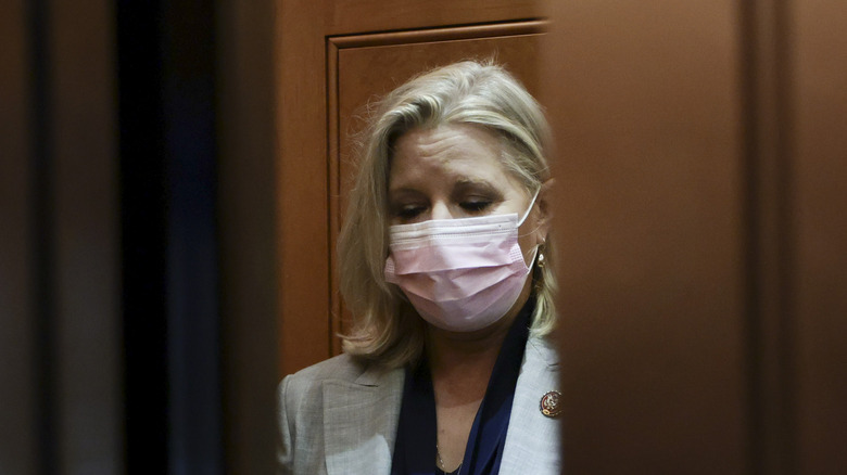 Liz Cheney wearing mask in an elevator