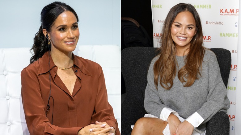 Meghan Markle and Chrissy Tiegen sitting in split image