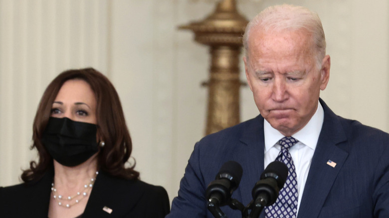 Biden at the podium, Harris behind