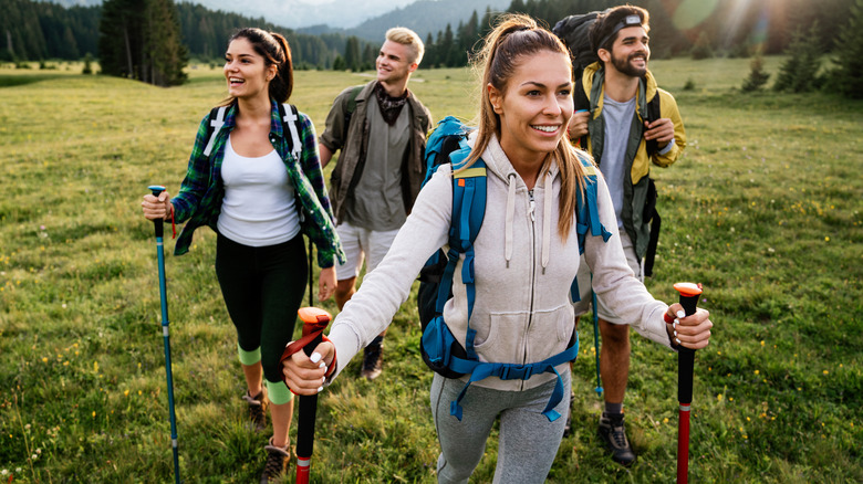 Group walking with fitness poles