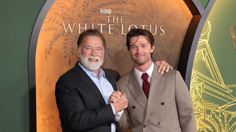 Arnold Schwarzenegger and Patrick Schwarzenegger at the White Lotus premiere