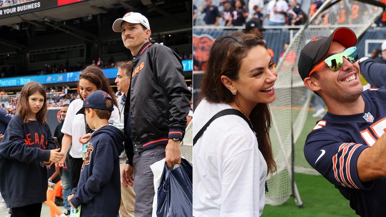 Split image of Mila Kunis with her family and Mila Kunis posing with a fan