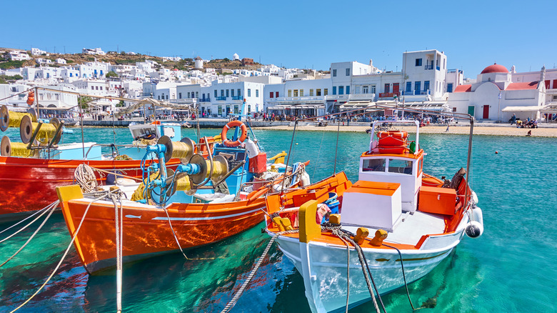 Boats in the harbor at Mykonos 