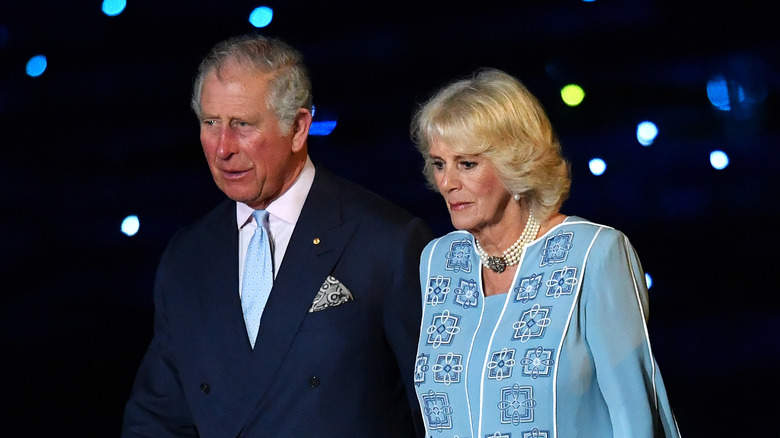 Prince Charles and Camilla Parker Bowles looking serious 