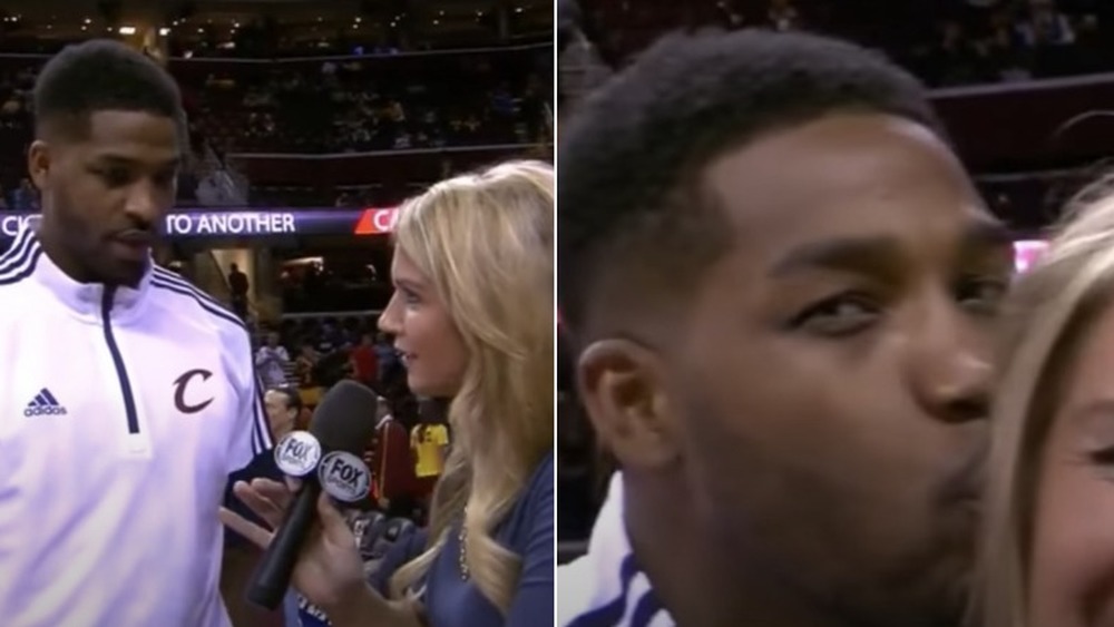 Tristan Thompson kisses sideline reporter Allie Clifton