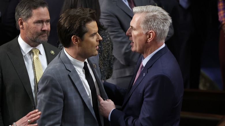 Matt Gaetz and Kevin McCarthy staring at each other while talking