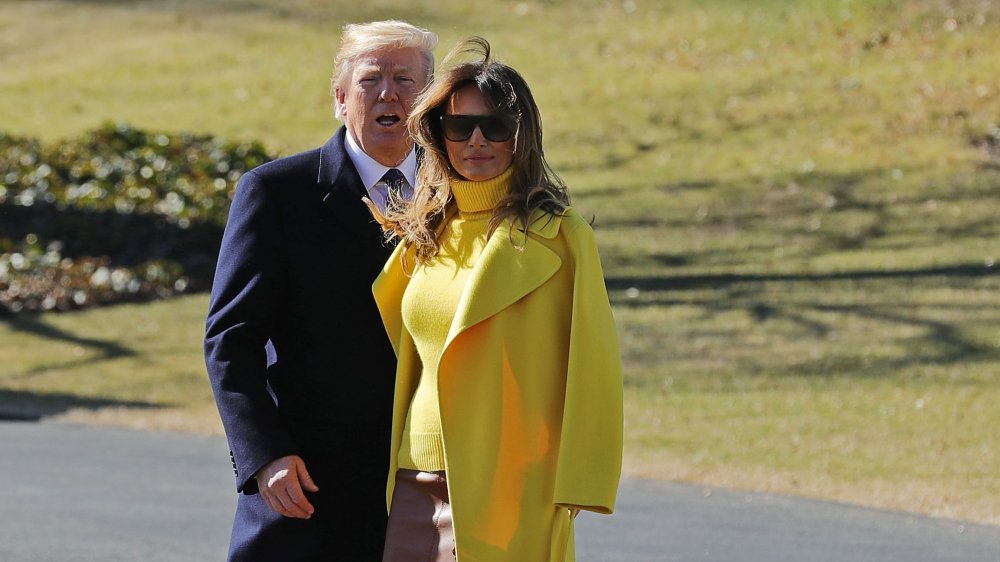 Donald Trump talking and Melania Trump looking inscrutable