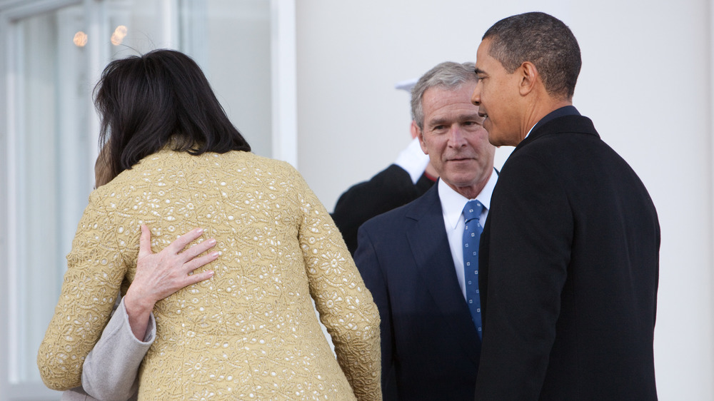 The Obamas greeting the Bushes in 2009