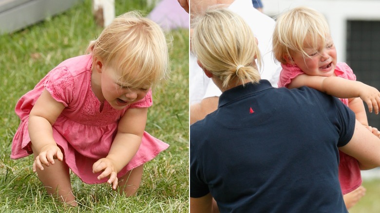 Mia Tindall crying in pink dress