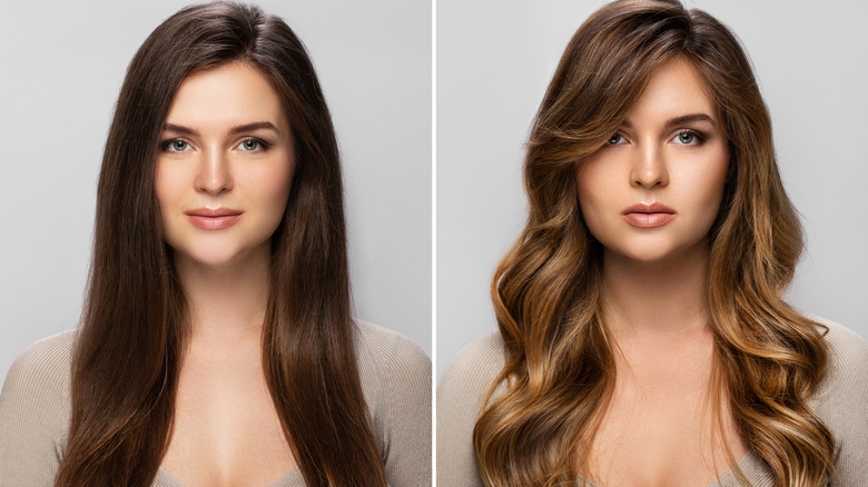 Woman balayage hair transformation