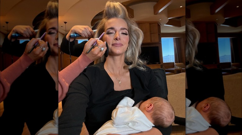 Hannah Neeleman getting ready to compete in Mrs. World while holding her newborn 