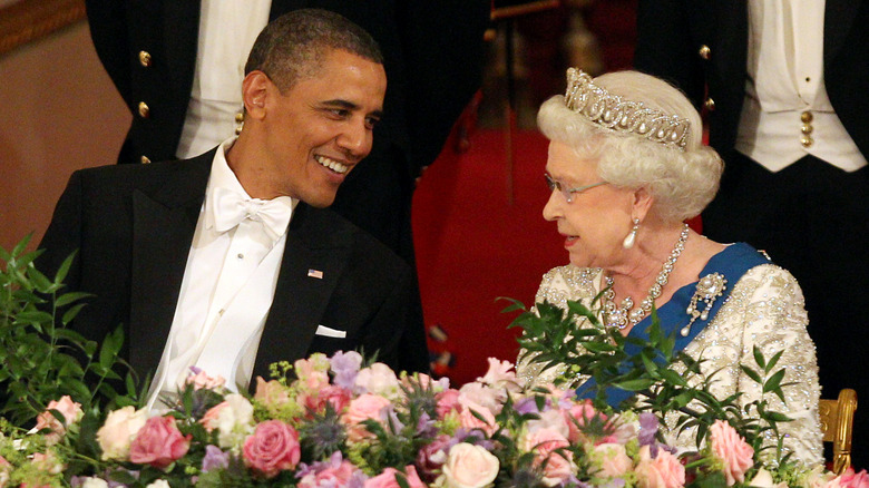 Barack Obama and Queen Elizabeth laughing together