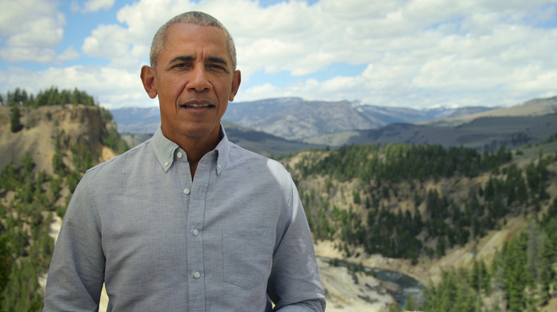 Barack Obama standing in Yellowstone National Park in Wyoming