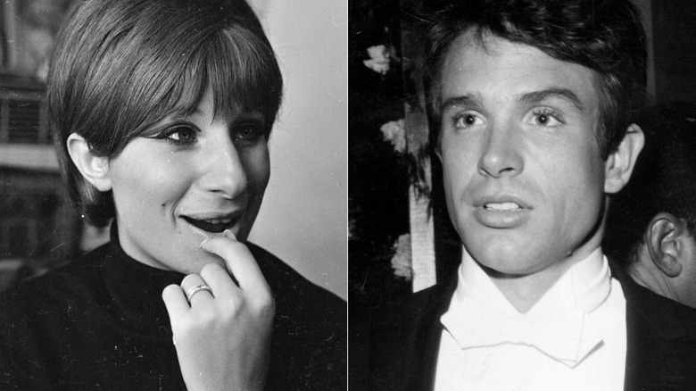 Left: Young Barbra Streisand looking to left, Right: Young Warren Beatty looking to right