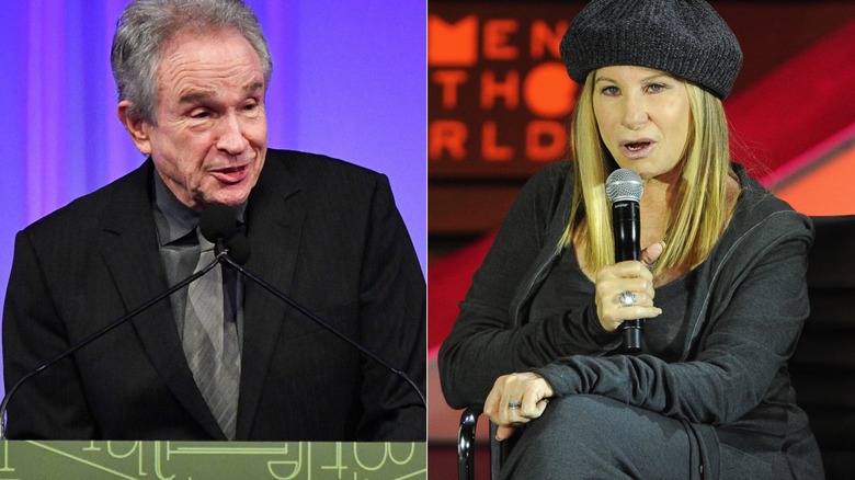 Left: Warren Beatty speaking at podium, Right: Barbra Streisand speaking into microphone