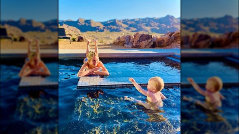 Tessa Hilton in pool with daughter Milou