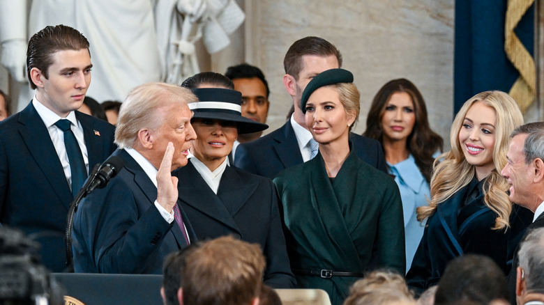 Barron, Melania, Ivanka, and Tiffany Trump watching Donald Trump get sworn in