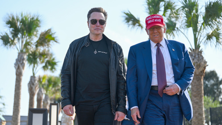 Elon Musk and DOnald Trump stand side by side in front of tall tress