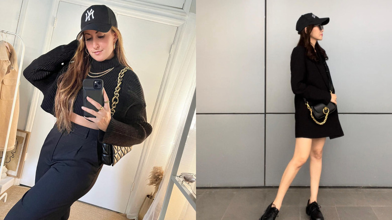 Women wearing all black with baseball caps 