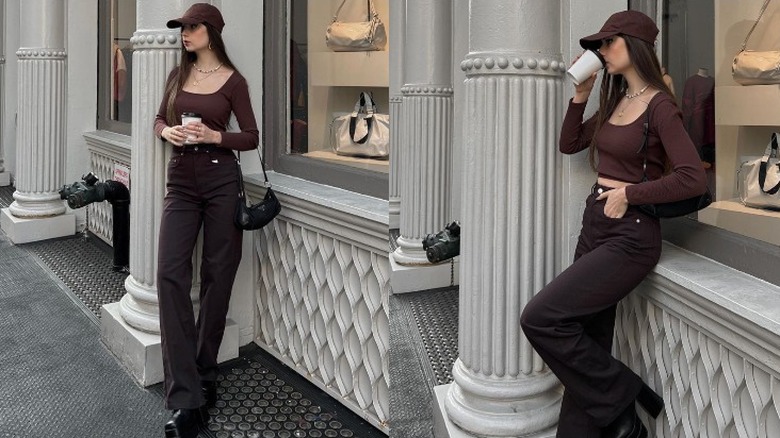 Woman wearing all brown outfit 