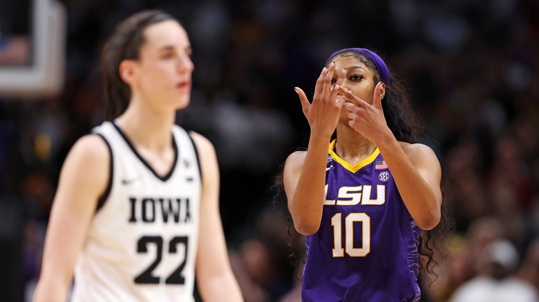 Angel Reese taunts Caitlin Clark on basketball court