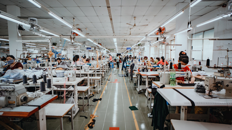 Workers in a clothing factory use sewing machines