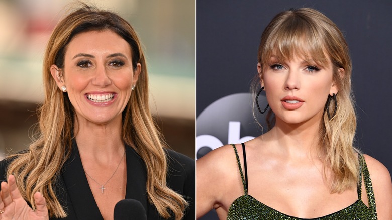 Split image of Alina Habba smiling and Taylor Swift posing on the red carpet