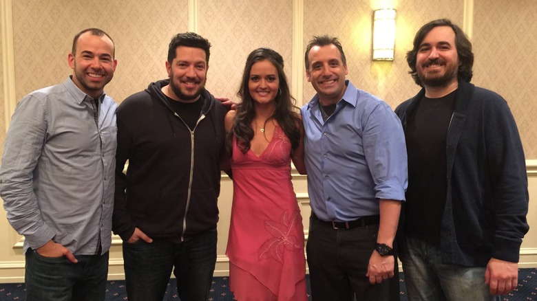 Danica McKellar posing with the cast of "Impractical Jokers"