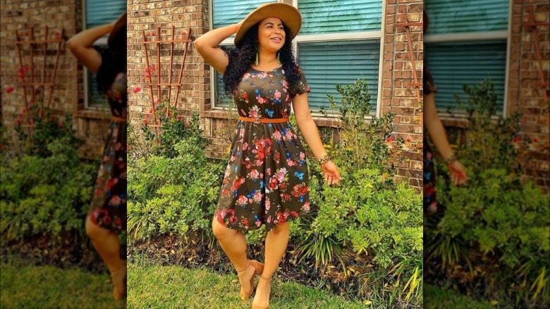 floral dress with brown belt 