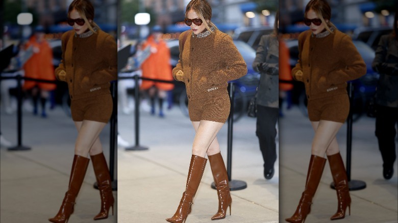 Jennifer Lopez brown Gucci outfit to promote Unstoppable